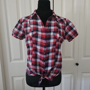 Suzy Shier Red Navy White Plaid Shirt Tie Bottom, Button Up, Western,  SZ M